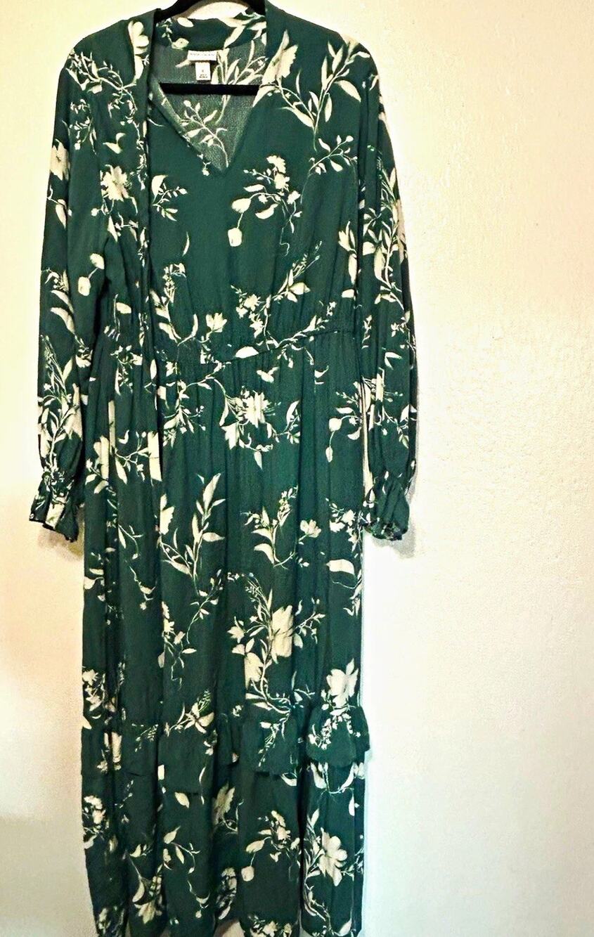 Ava & Viv Green/White Floral Maxi Dress V-Neck Long Sleeve Tie Ruffle Pockets 1X